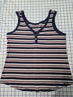 Eddie Bauer Navy, White & Red Striped Henley Tank